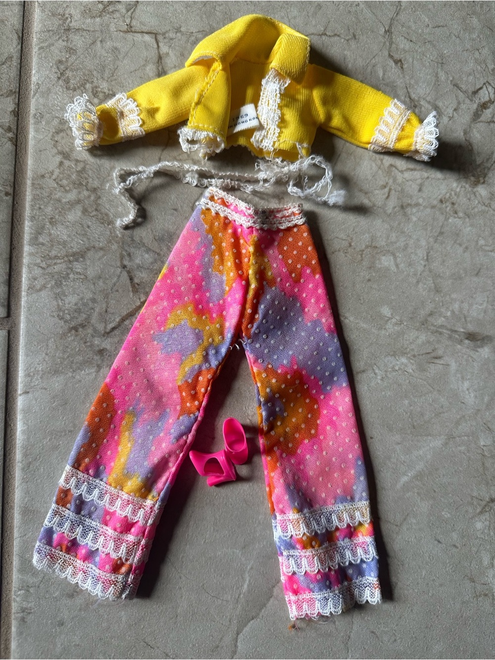 1960’s Barbie pastel tie dye pants yellow crop top pink high heel mules slides